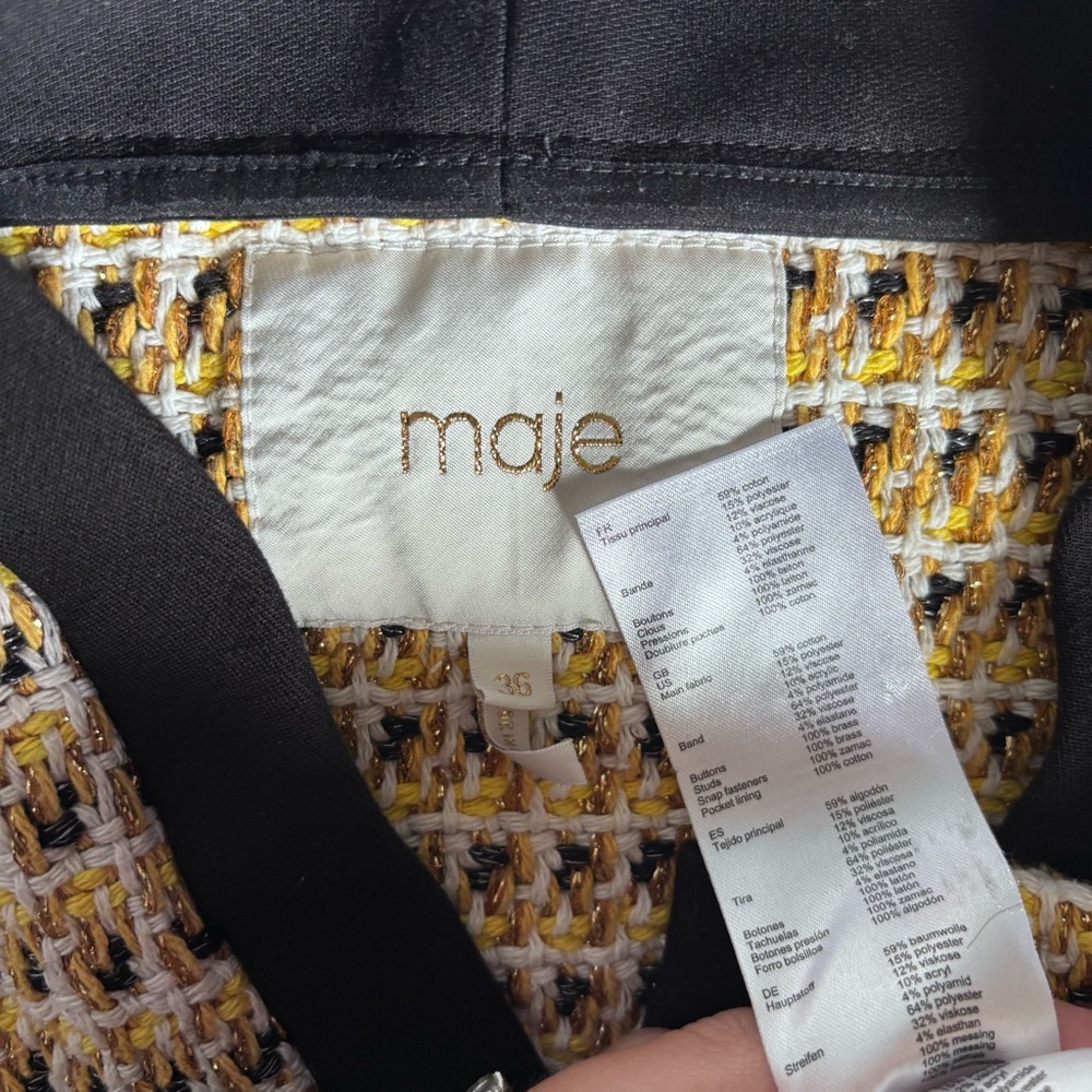 Maje Metallic Cotton Blend Tweed Jacket Button Front Pockets Black Yellow Trim - Picture 9 of 9